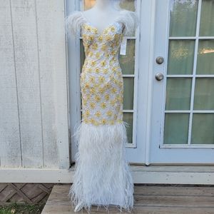 Anna Elise White and Butter Yellow Floral Embellished Ostrich Feather Gown NWT